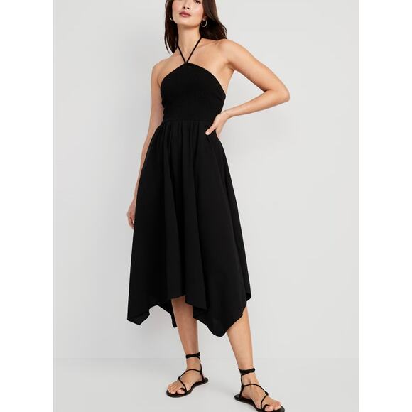 NWT Old Navy Fit & Flare Crinkled Halter Midi Dress Sz Large in Black - Picture 1 of 8